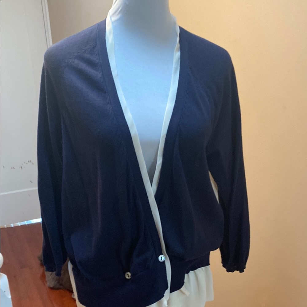 Cremieux Navy Blue Cardigan Sweater with chiffon trim, and back